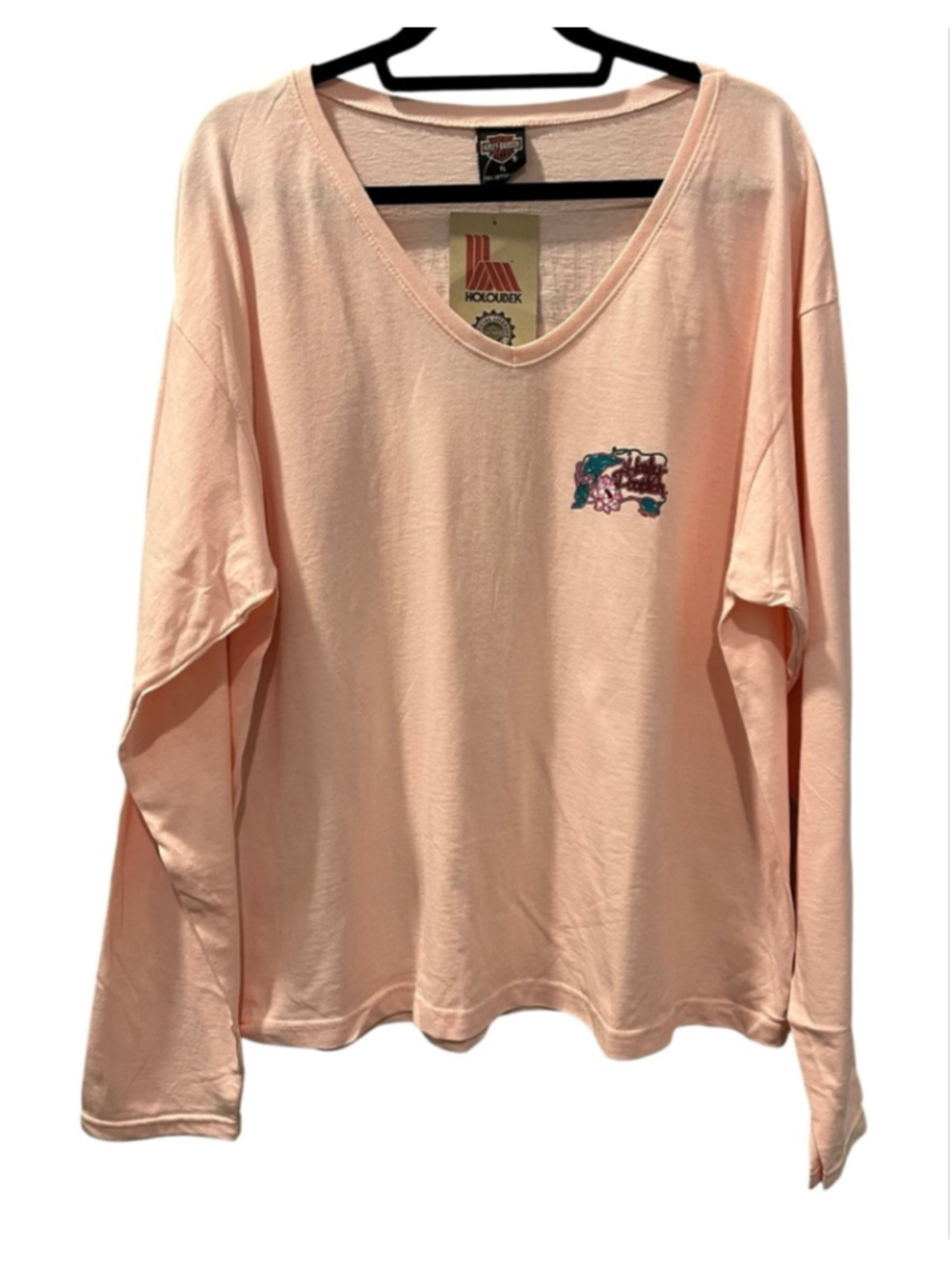 Harley Davidson Vintage 90s NWT Pink Long Sleeve V-Neck T-Shirt Holoubek Size XL